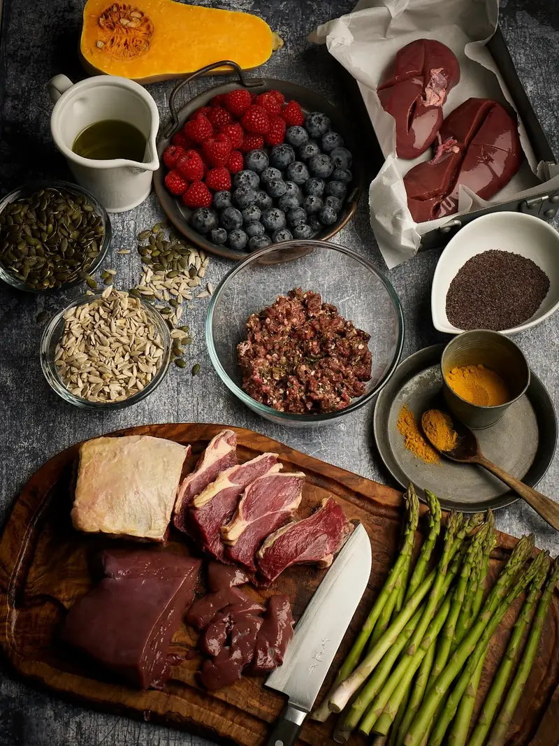 Fresh raw dog food ingredients: meat, liver, kidney, berries, seeds, spinach, asparagus and turmeric